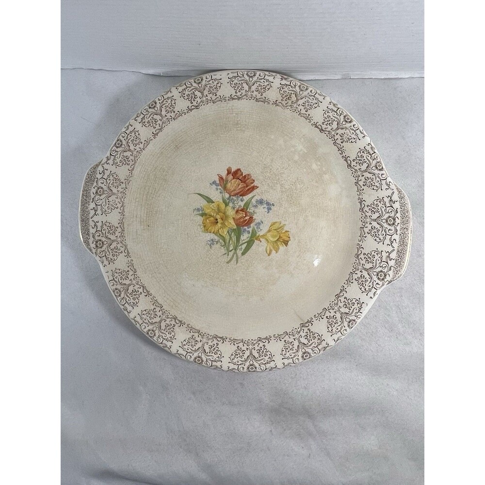 Royal Splendor Handled Serving Plate Beige Floral 22kt Gold Filigree 11.25” - Picture 9 of 12